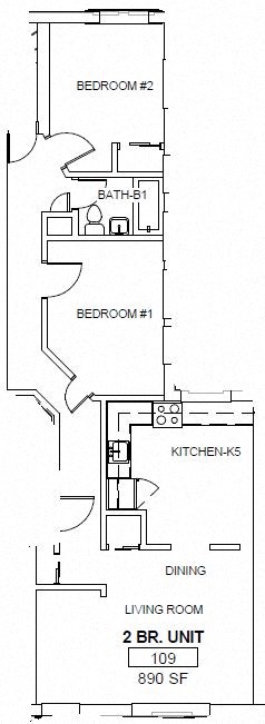 Floor plan for 2 beds, 1 bath, 1238 sqft